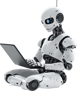 futuristischer roboter der einen laptop benutzt futuristischer roboter der einen laptop benutzt